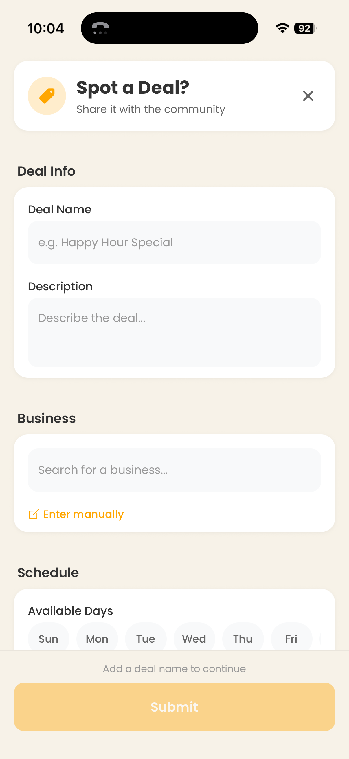 Whir mobile — submit a deal to the community