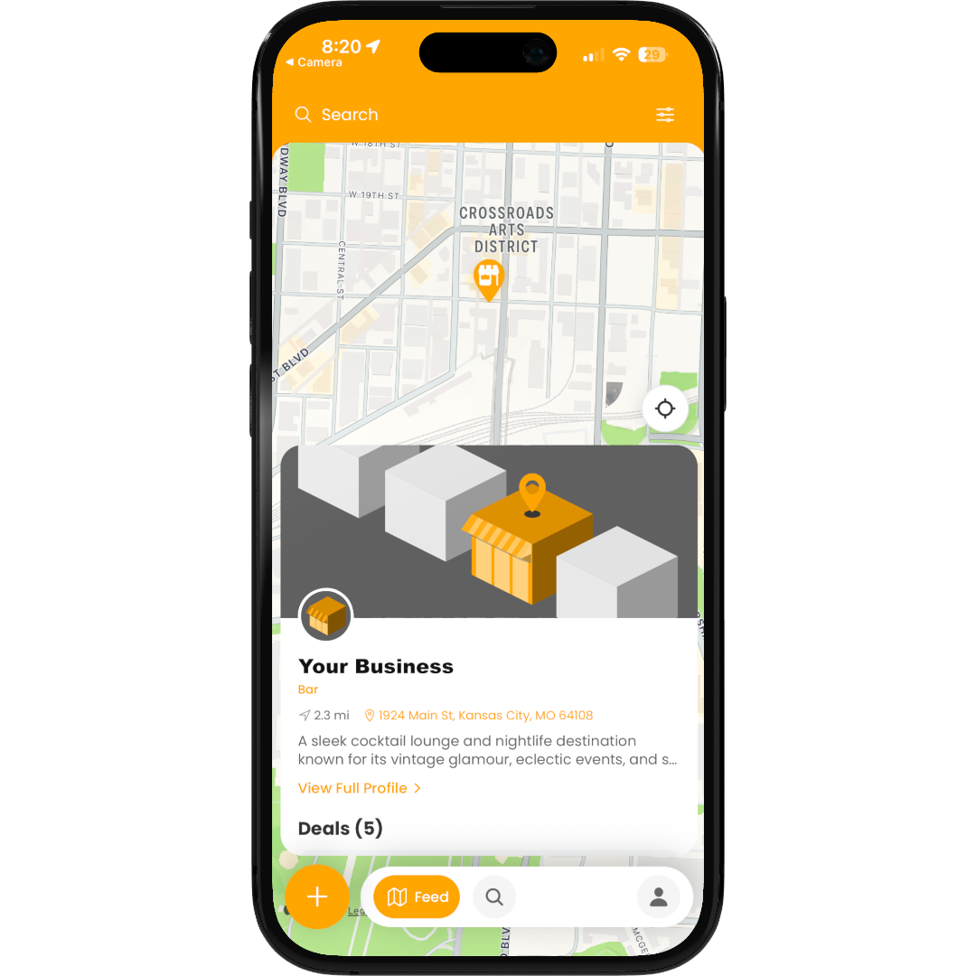 Whir app showing nearby deals on a map