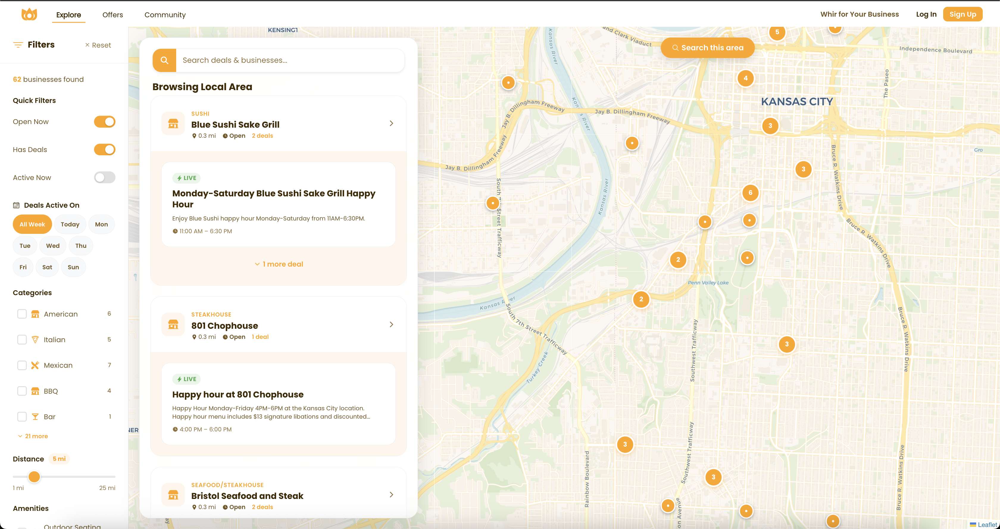 Whir on the web — discover map with filters and live deals